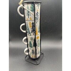 Espresso Cups W/ Wire Rack Christmas Stackable Winter Trees New